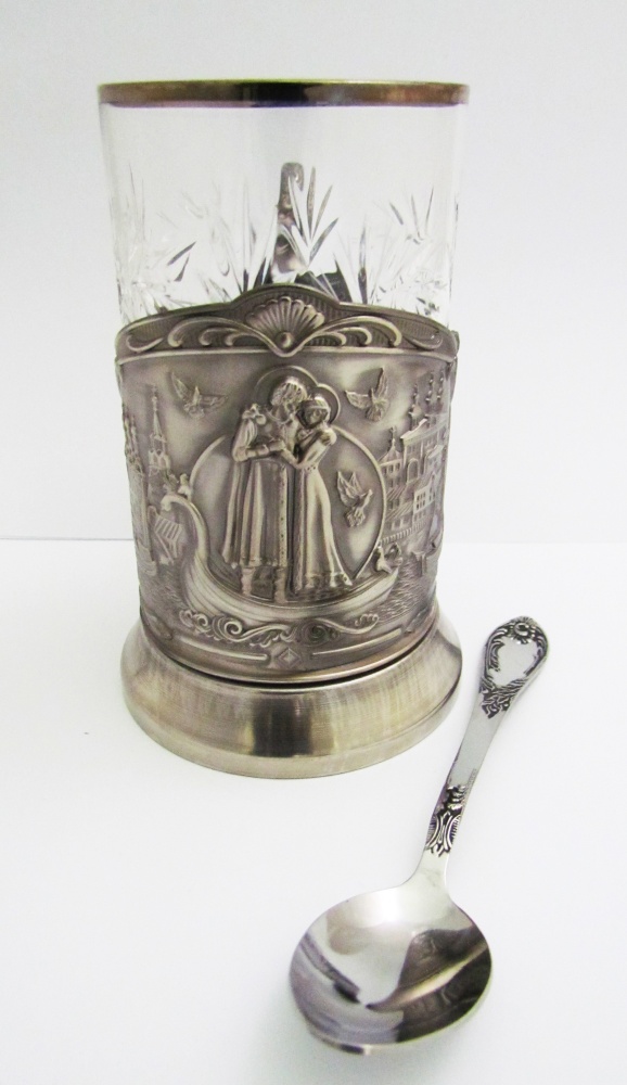 Набор для чая Петр и Феврония, подстаканник - никелир. сталь с чернением, стакан, ложка
