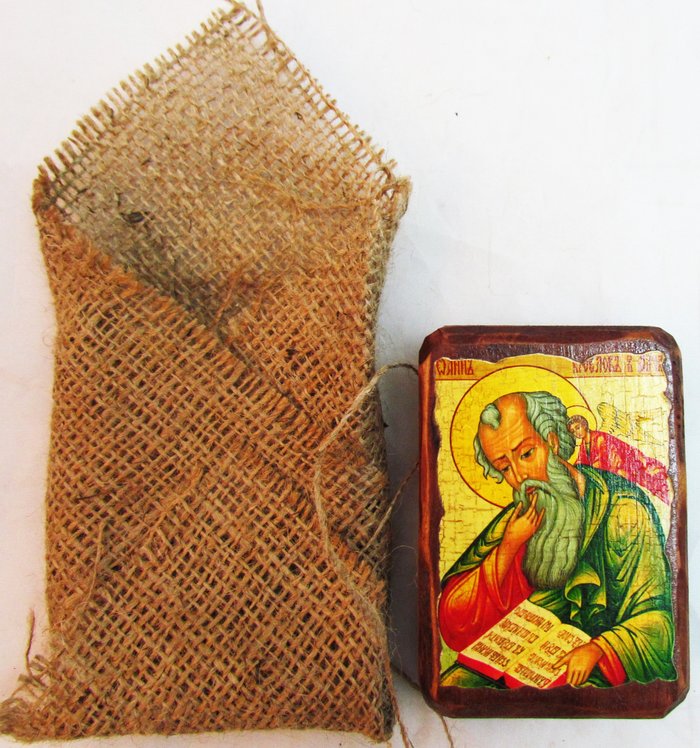 Икона Иоанн Богослов святой апостол полиграфия 7х10 см на дереве, текстильная упаковка