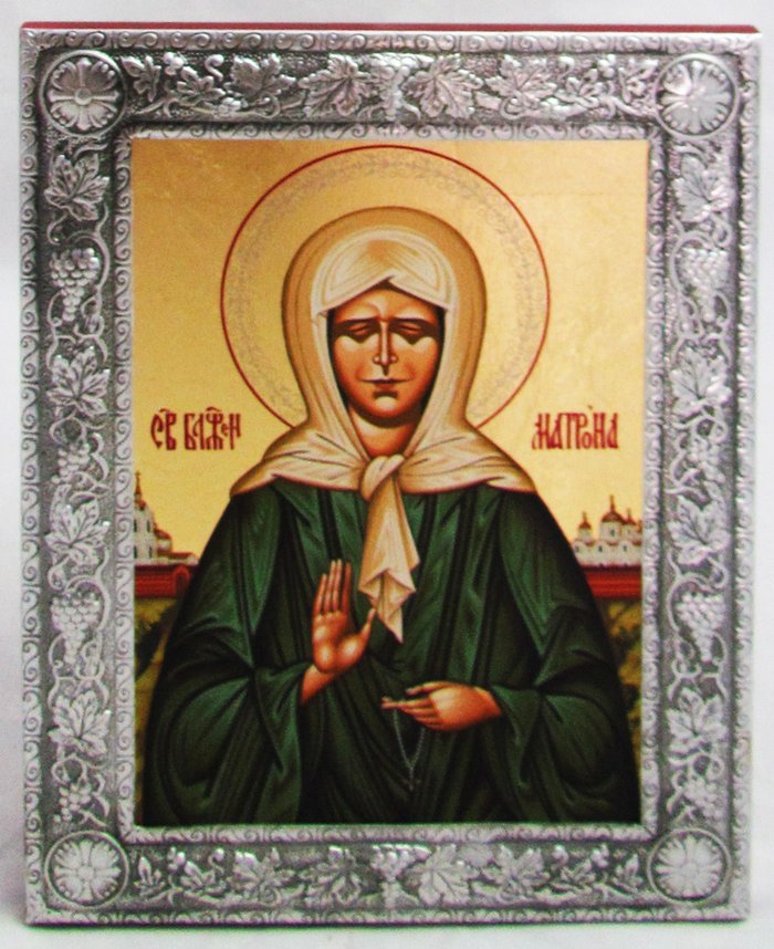 Икона Матрона Московская святая блаженная шелкография 16,5х21,7 см МДФ поталь на подставке