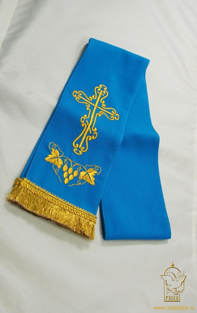 Закладка, вышитая, габардин, голубая с золотом, шир. 10 см