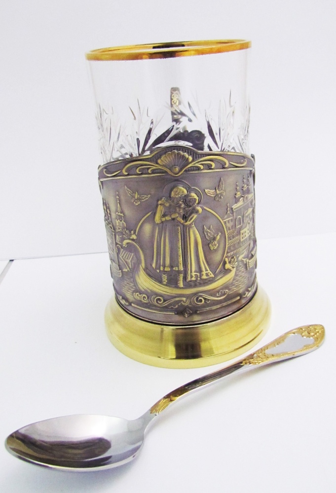 Набор для чая Петр и Феврония ( хрустальный стакан, подстаканник с ложкой - латунь )