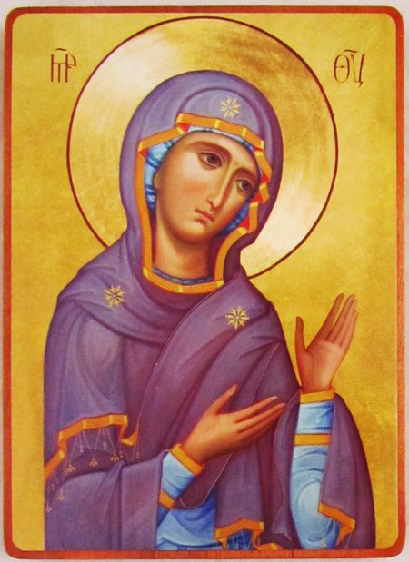 Икона Молящаяся Божией Матери, 12х16,5 см, литография на деревянной доске, шпон береза, лак