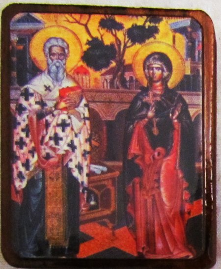 Икона Киприан и Иустиния №63 р1 литография 4х6 см на деревянной доске