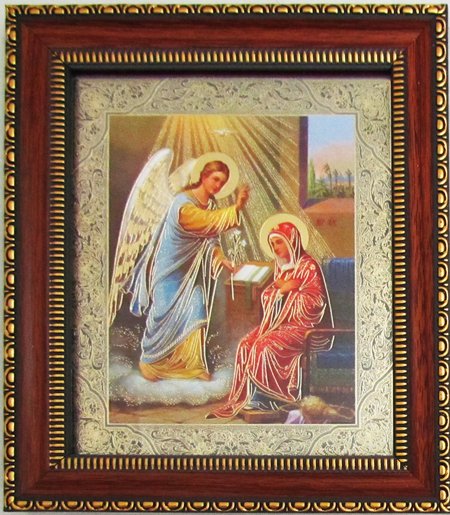 Икона Благовещение Пресвятой Богородицы, двойное тиснение 12,5х14,5 см, картон, рамка под стеклом