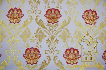 Шелк РОЗА ПАВЛОВСКАЯ, белая с красным, с золотом, шир. 150 см, Павловский Посад