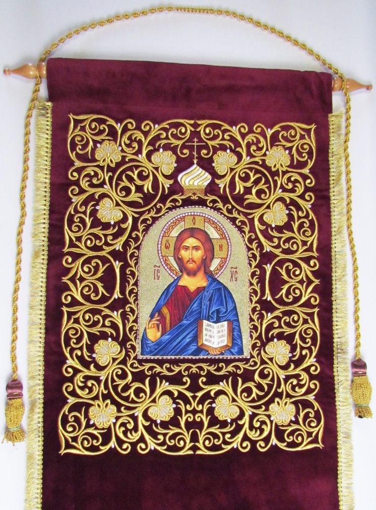 Хоругви (пара) бархат, бордо, 50х115 вышитая. Икона Богородицы Казанская, Владимирская