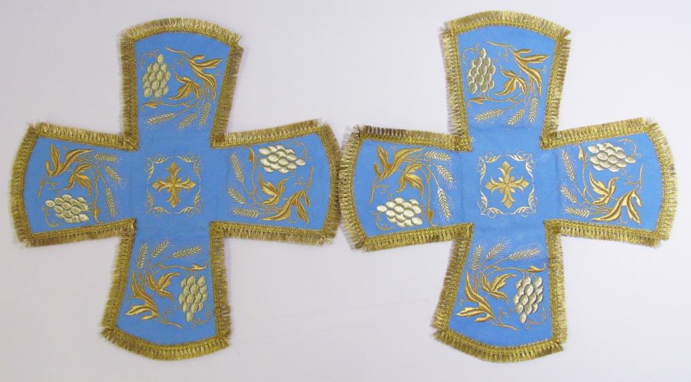 Покровцы габардин, голубые золото, серебро, вышитые колосья + виноград