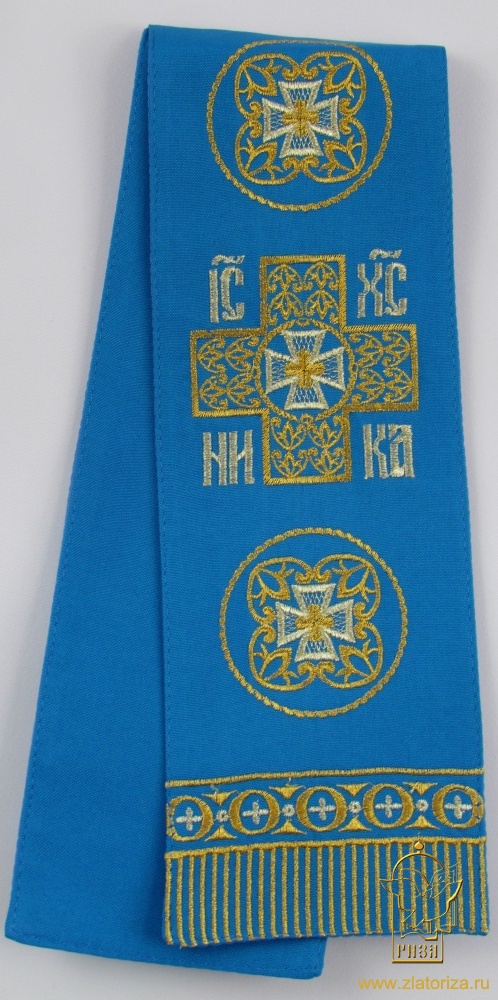 Закладка вышитая, голубая с золотом, шир. 10 см