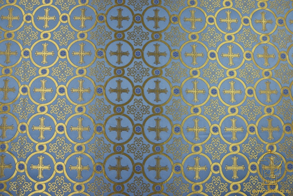 Шелк КОРИНФ, голубой с золотом с синим контурром, шир. 165 см