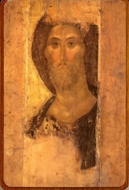 Икона Спаситель (Рублев) №25 р. 2, литография 7х9 см, на деревянной доске