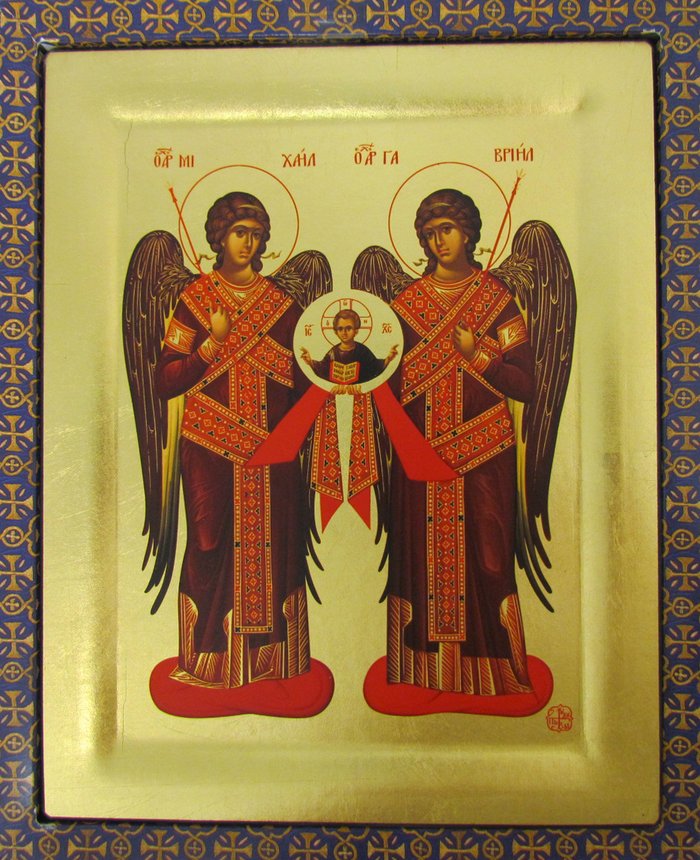 Икона Михаил и Гавриил Архангелы шелкография 19х15 см, на деревянной доске, ковчег