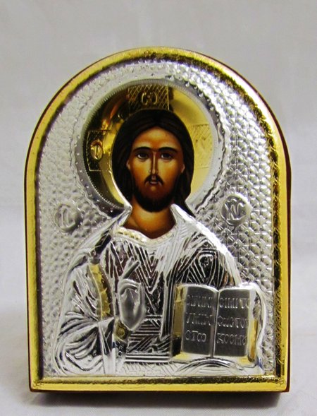 Икона Господь Вседержитель шелкография 5,5х7 арочная форма, серебряный оклад, в пластмассе на подставке