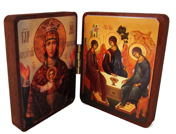 Складень Неупиваемая Чаша Божия Матерь, Троица Пресвятая литография 14х9 см, на деревянной доске