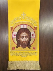 Закладка для служебных книг, с иконой Спас Нерукотворный, вышитая, желтая, шир. 14,5 см. + золото, 14,5 см Закладка для служебных книг, с иконой Спас Нерукотворный, вышитая, желтая, шир. 14,5 см. + золото, 14,5 см