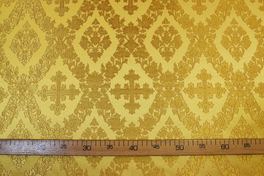 Парча ПОЧАЕВСКИЙ, желтая с горчицей, с золотом, шир. 150 см, Рахманово