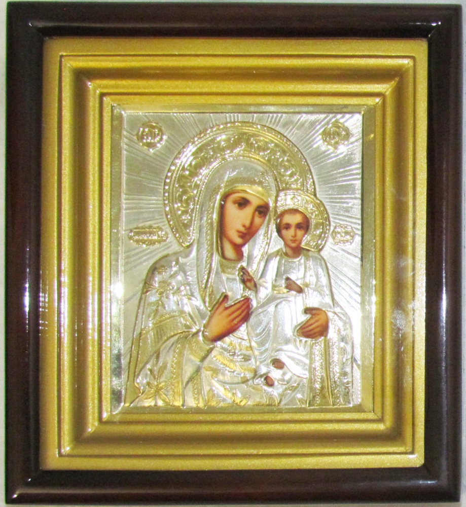 Икона Смоленская Божия Матерь 17х19,5 см латунь, серебрение, золочение полиграфия в киоте под стеклом