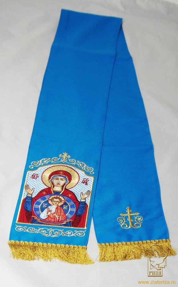 Закладка, вышитая с иконой Богородицы Знамение, голубая + золото, шир. 14,5 см