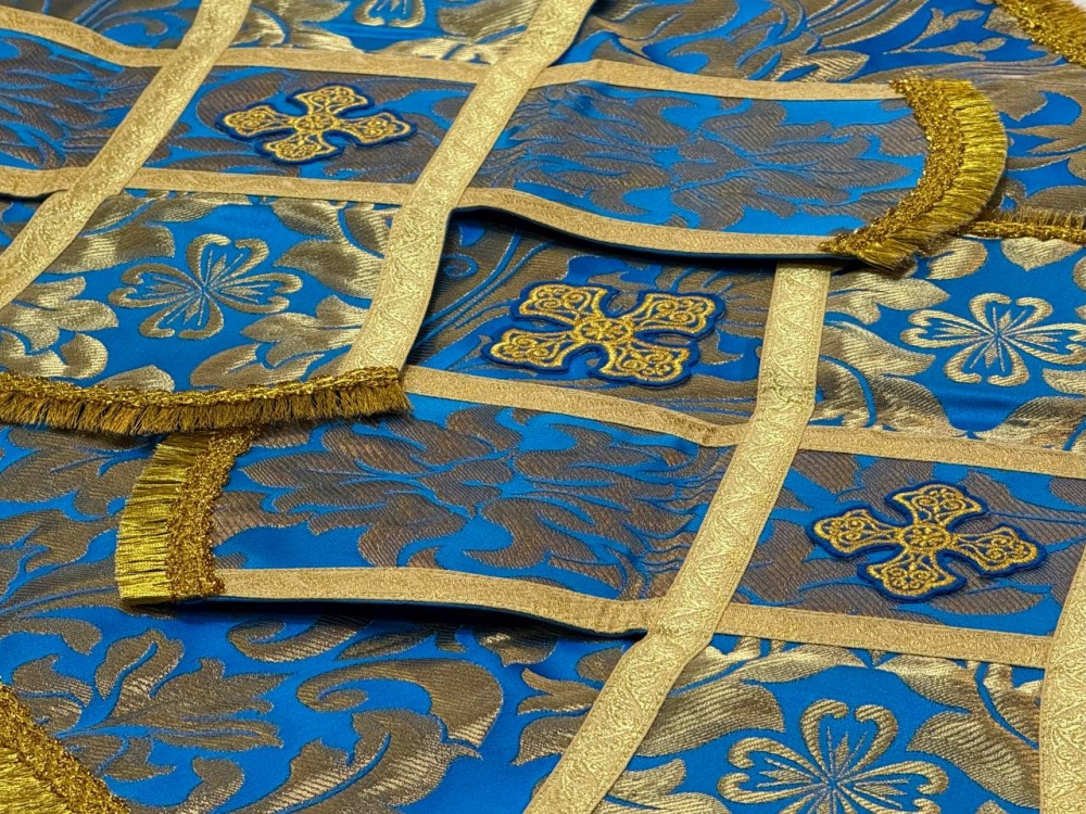 Покровцы парча, голубые с золотом