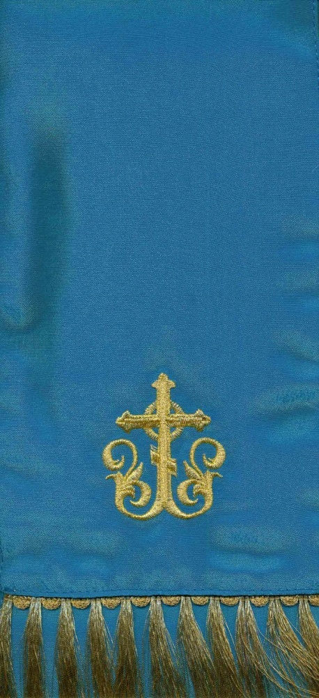 Закладка, вышитая с иконой Богородицы Владимирская, голубая + золото, шир. 14,5 см
