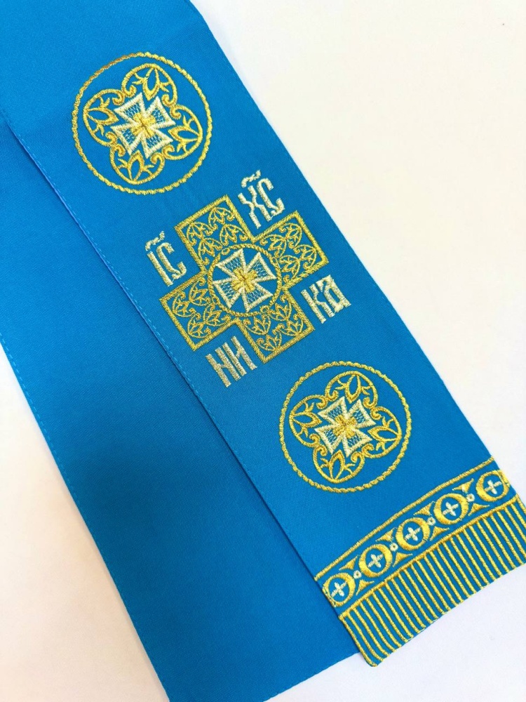 Закладка вышитая, голубая с золотом, шир. 10 см