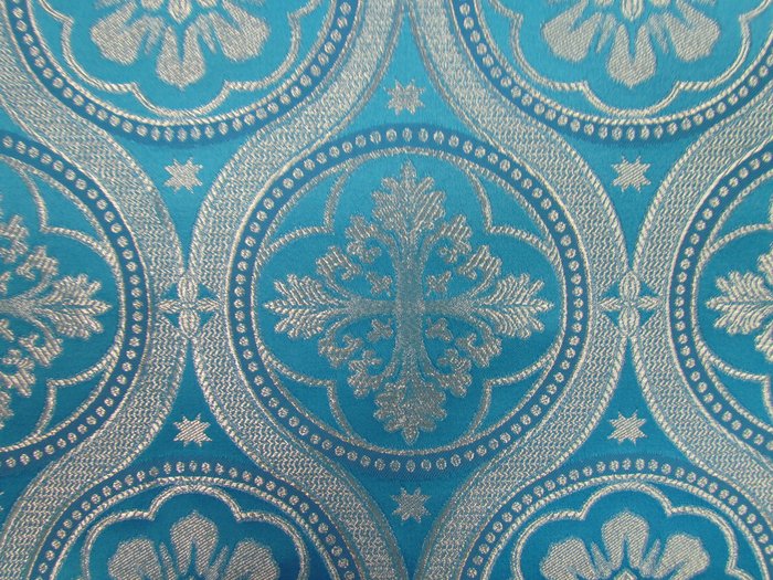 Парча ВИЗАНТИЙСКИЕ КРУГИ, голубая с серебром, шир. 150 см, Павловский Посад