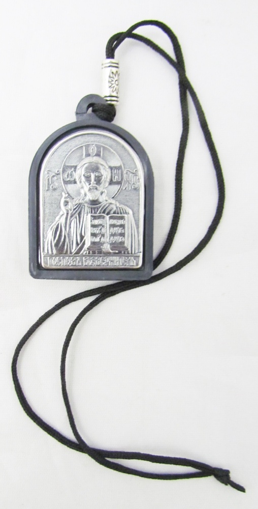Икона автомобильная двухсторонняя Спаситель, святитель Николай Чудотворец (в митре/без митры), подвесная, двусторонняя, арочная, серебрение, пластик
