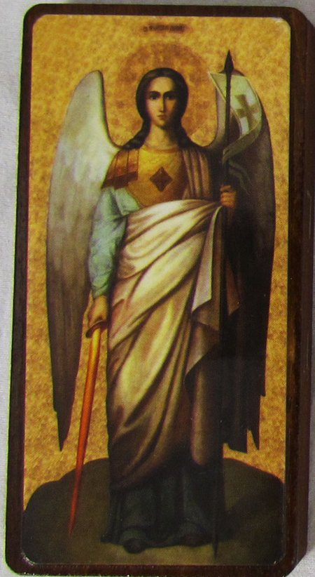 Икона Михаил Архангел №373 р2 литография 5х10 см на деревянной доске
