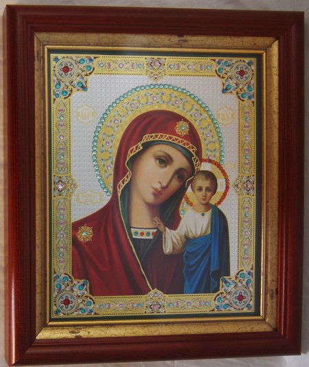 Икона Казанская Божия Матерь двойное тиснение 23х27 в киоте под стеклом