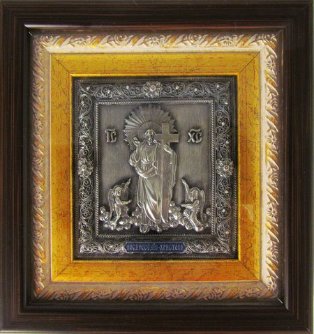 Икона Воскресение Христово 14х14 см, серебро, эмаль, киот со стеклом, багет