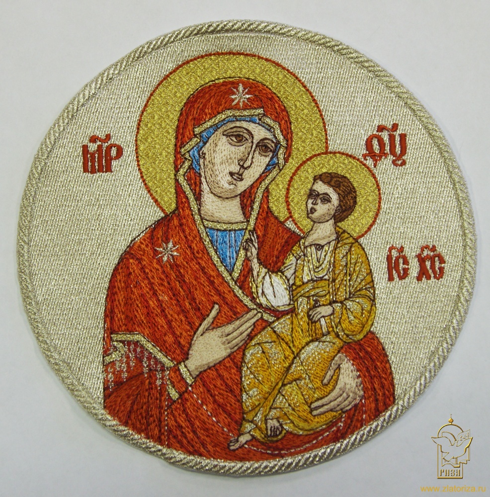 Икона Богородицы Иверская, Тихвинская вышитая, диаметр 18 см