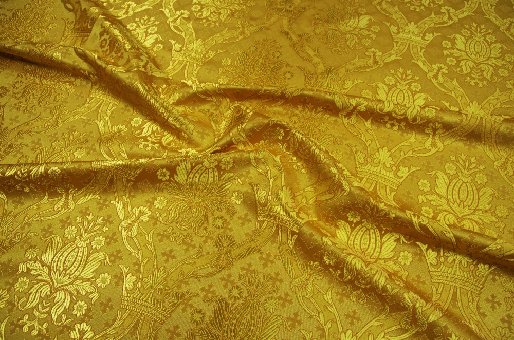 Шелк КОРОНА, желтый с горчичной окантовкой, с золотом, шир. 150 см, Рахманово