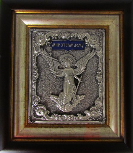 Икона Ангел Хранитель (Мир этому дому), серебрение (гальванопластика), эмаль, стразы, багет, киот под стеклом
