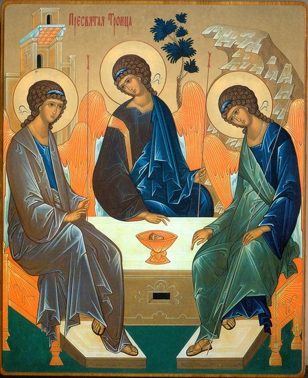Икона Троица Святая №371, литография 16х20 на деревянной доске