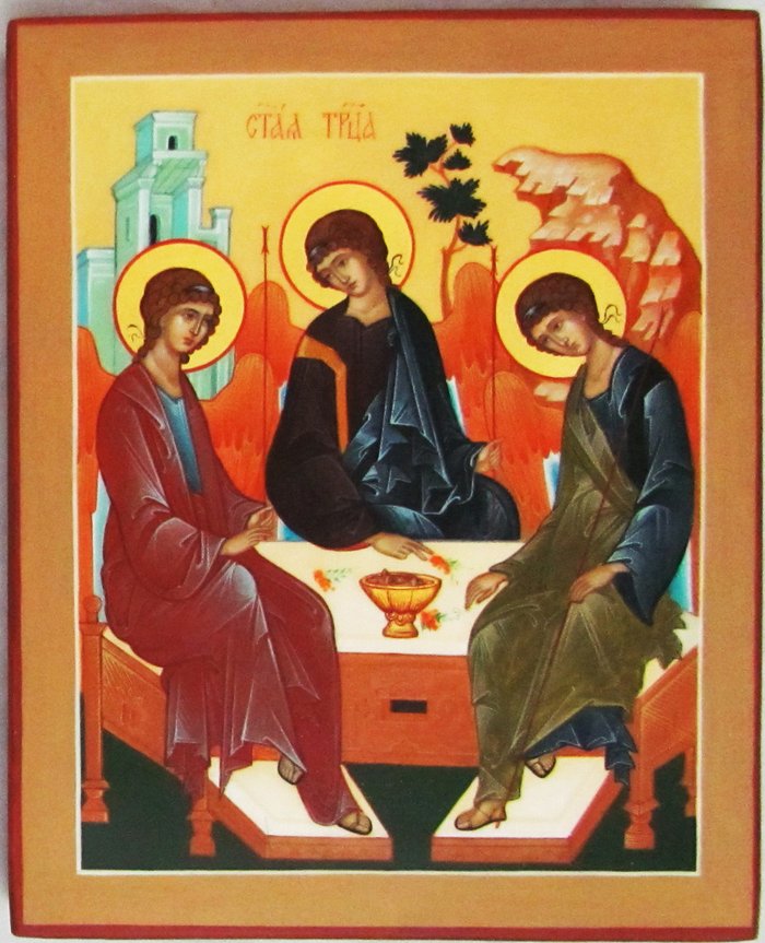 Икона Троица Святая письмо 12х14 см, письмо Палех, на новой доске