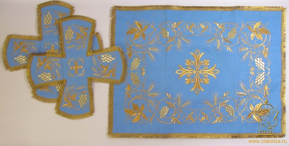 Покровцы габардин, голубые золото, серебро, вышитые колосья + виноград