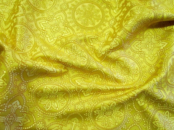 Шелк Рахм. ЯРОПОЛК желтый с золотом с горчичной окантовкой, шир. 150 см Рахманово