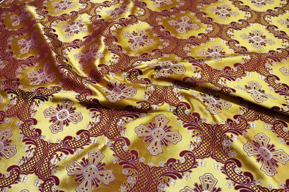 Шелк ЭЛЕОН, горчица с бордо окантовкой. 165 см