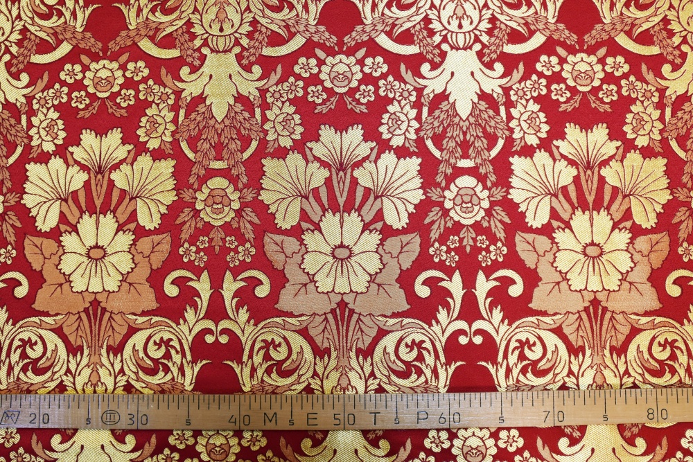 Шелк ГЛОКСИНИЯ, красный с золотом, шир. 150 см, Рахманово
