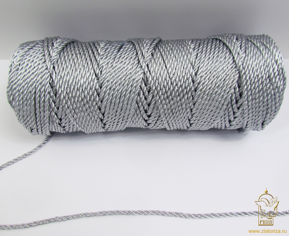 Шнур серебро, 3 мм, витой, металлизированный, 100 м в бобине, МТ