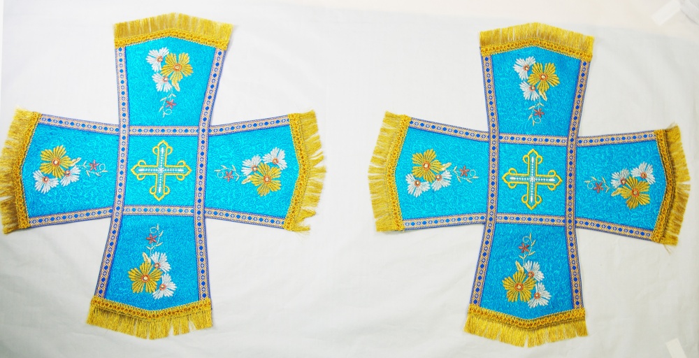 Покровцы парча Оренбург, цвет - голубой с золотом, с вышивкой