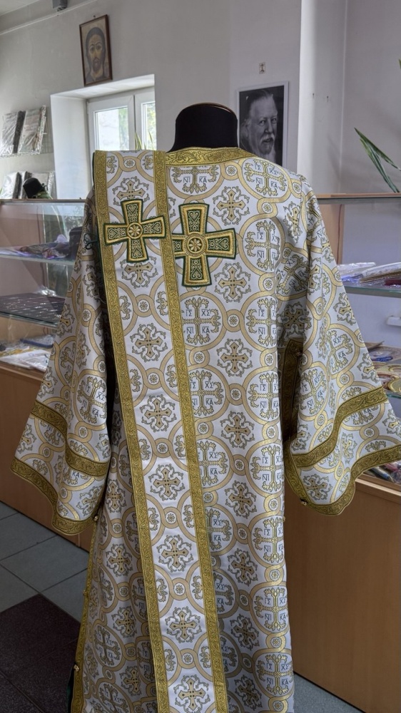 Диаконский стихарь, Греческий, парча, белый с зеленым, с золотом.