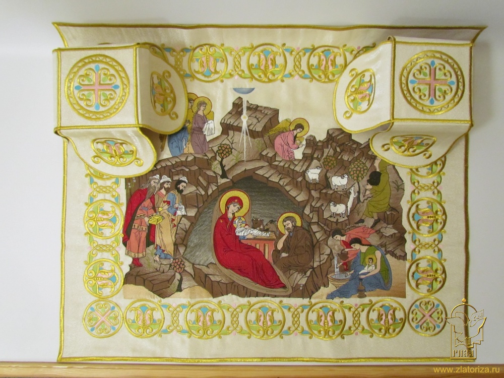 Покровцы Рождество Христово, белые золото/серебро, вышитые, 88 х 75