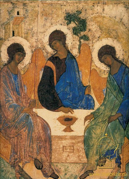 Икона Троица Ветхозаветная (Рублев) №14 р. 5, литография 27х33, на деревянной доске