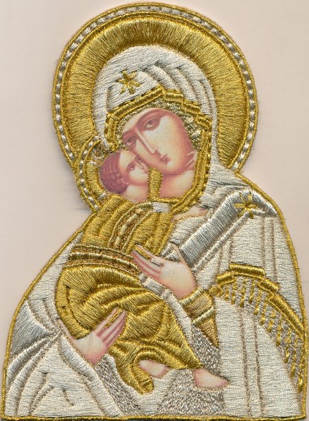 Икона Богородицы Владимирская, высота 16-17 см, вышитая
