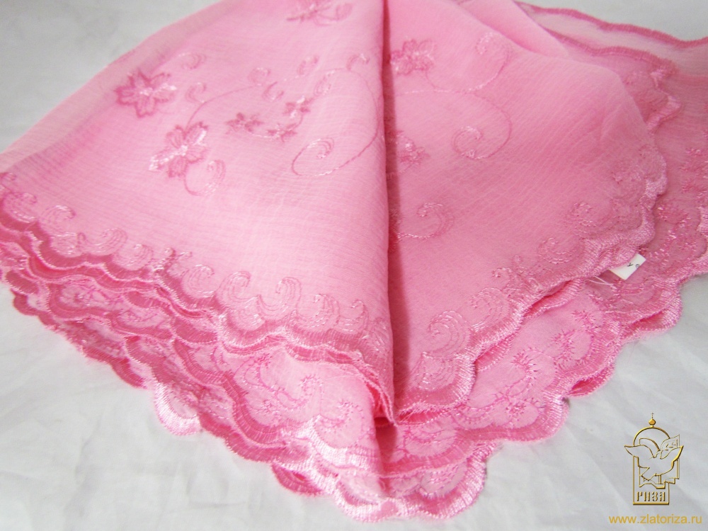 Шарф с фестонами и вышивкой розовый однотонный 100% полиэстер марлевка 50х170 см