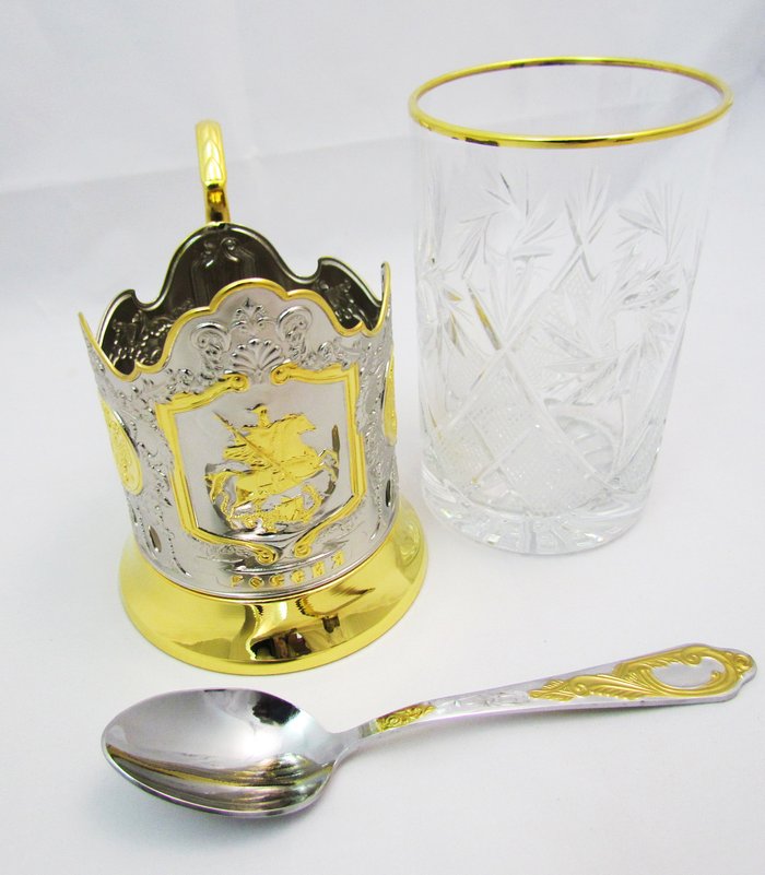 Набор для чая Св. Георгий позолоченный частично хрустальный стакан, ложка