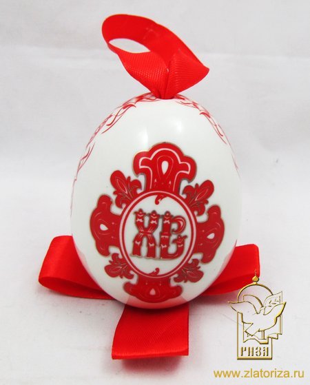 Яйцо ХВ фарфор подвесное, 5,5х8 см, красная тесьма, сублимация