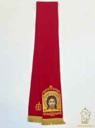 Закладка для служебных книг, с иконой Спас Нерукотворный, вышитая, красная, шир. 14,5 см. + золото, 14,5 см Закладка для служебных книг, с иконой Спас Нерукотворный, вышитая, красная, шир. 14,5 см. + золото, 14,5 см