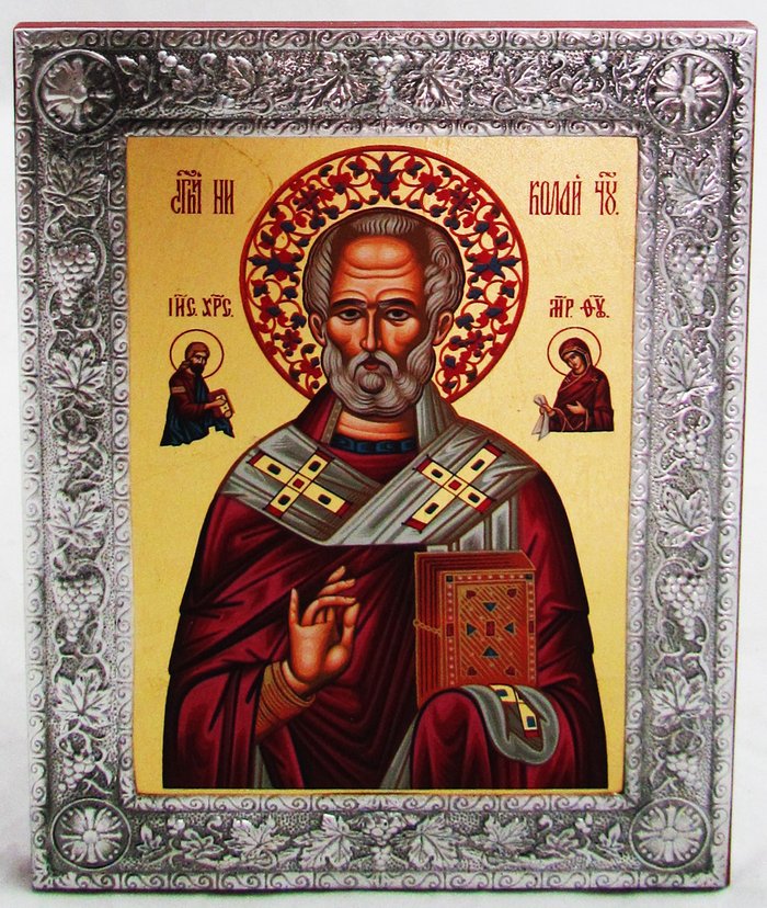 Икона Николай святитель Чудотворец шелкография 16,5х21,7 см МДФ поталь на подставке