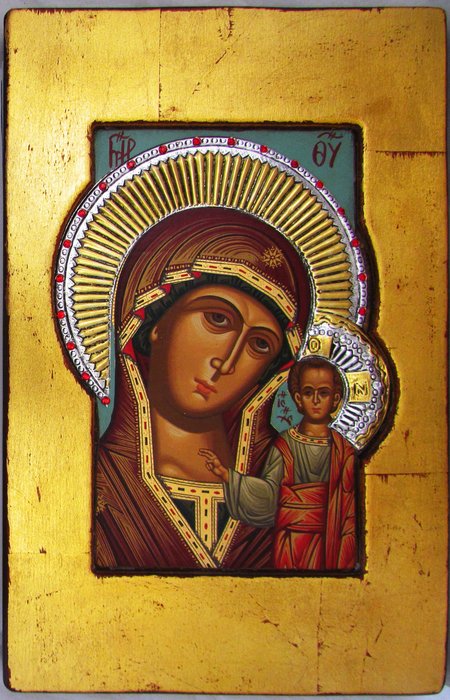 Икона Казанская Божия Матерь шелкография 22х34 см, серебро, золочение, стразы